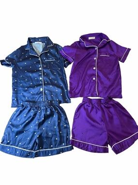 Girls’ Satin Short Pajama Set - Navy Polka Dot & Purple